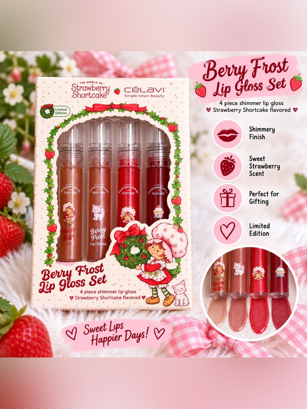 Strawberry Shortcake Berry Frost 4-Piece Lip Gloss Set - Red, Pink, Gold, Bronze
